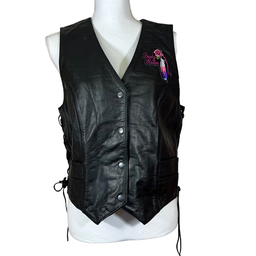 FMC Black Leather Moto Motorcycle Vest with Skull Patch L